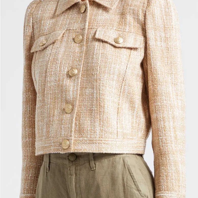 L'agence Cropped Beige Tweed Jacket With Gold Buttons